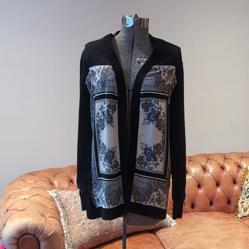 Sandro Black White Paisley Silk Wool Cardigan - Picture 2 of 10